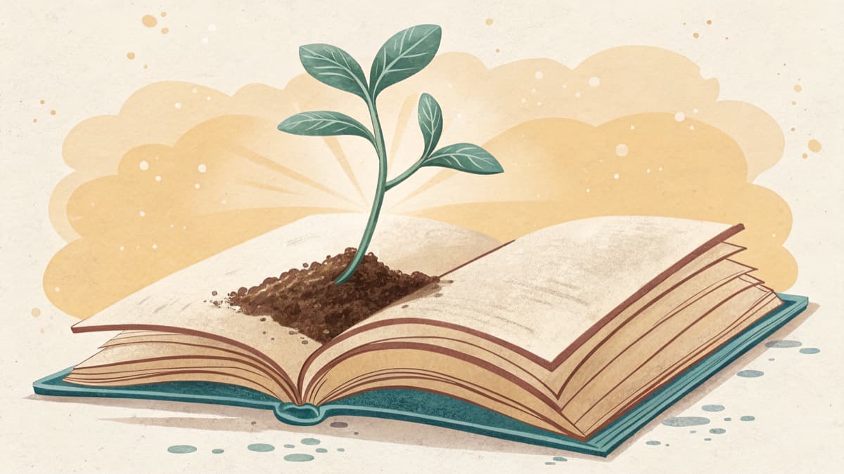 Студент за столом и рядом фигура-наставник, указывающая на открытую книгу