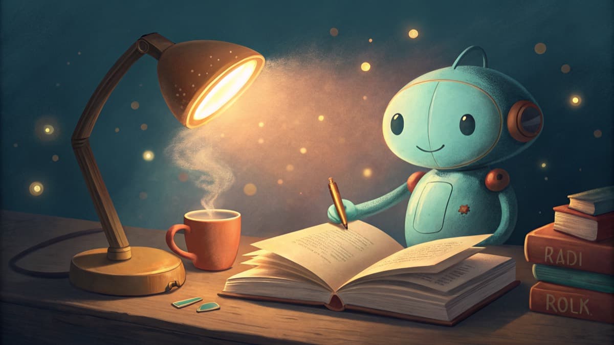 Тёплая настольная лампа освещает раскрытую книгу, рядом дружелюбная фигура-наставник склонилась над страницей