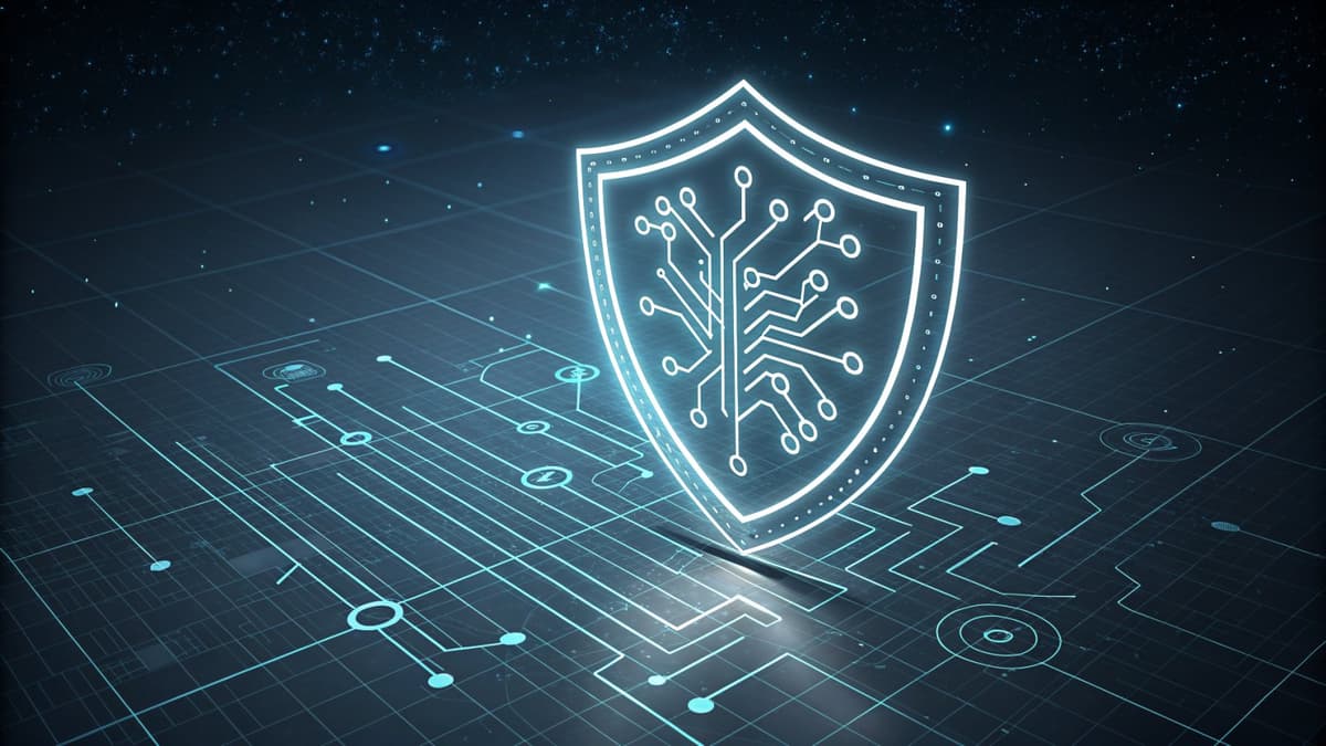 Цифровой щит на фоне сетевой инфраструктуры
