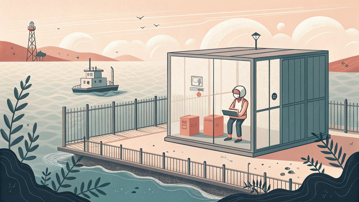 Помощник работает внутри прозрачного контейнера на причале, огороженного забором