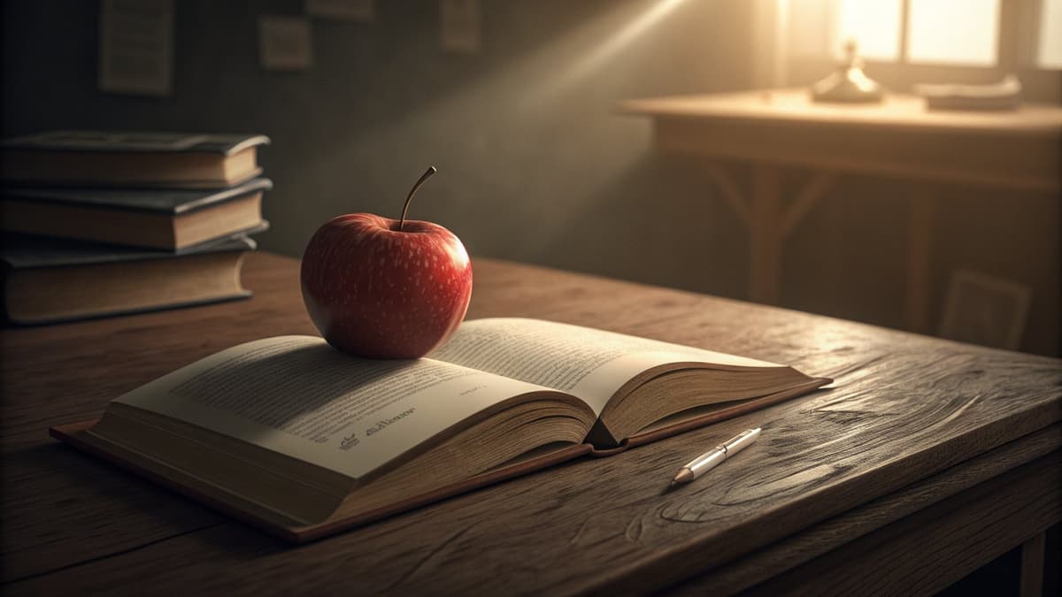 Яблоко на раскрытой книге как символ школы и обучения