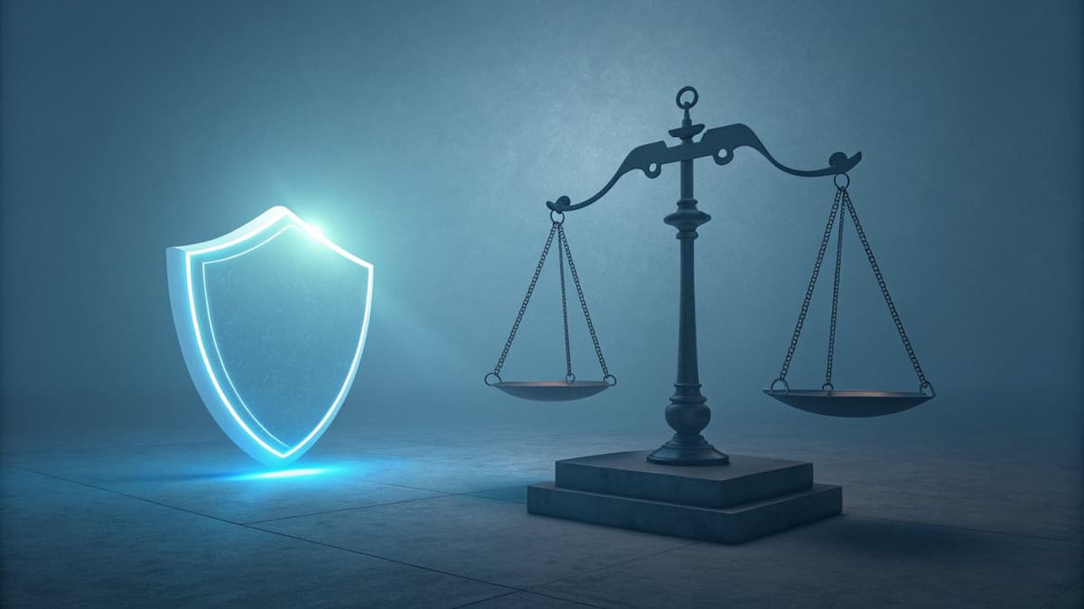 Минималистичная иллюстрация щита и весов как символ правил использования