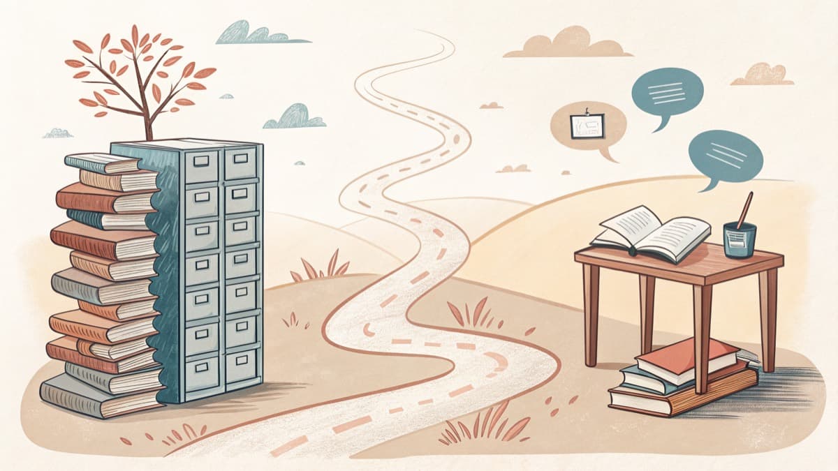 Развилка из двух дорог: одна ведёт к стопке открытых книг, другая — к беседе у стола
