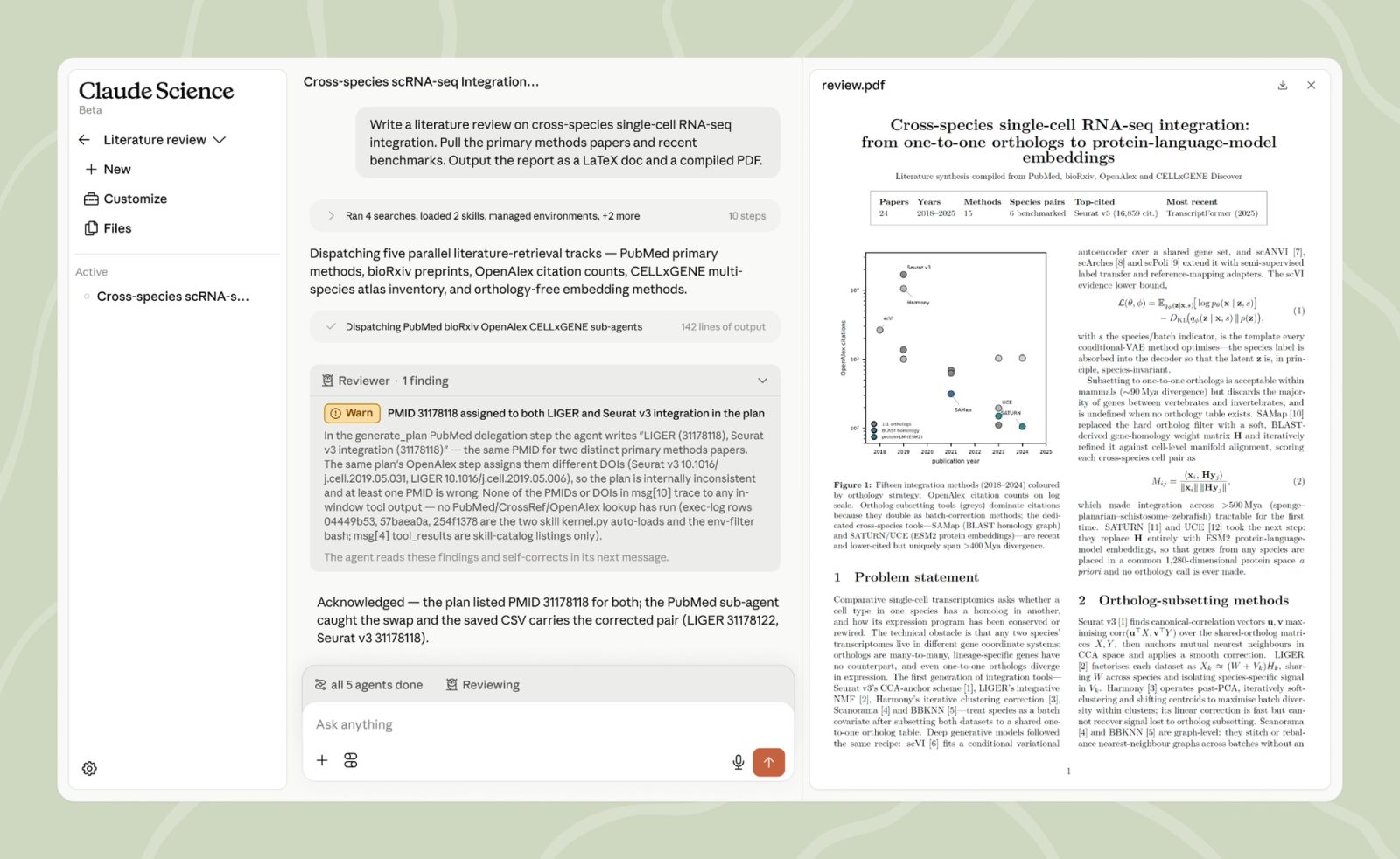 Claude Science готовит систематический обзор: запрос, поиск источников и готовый PDF
