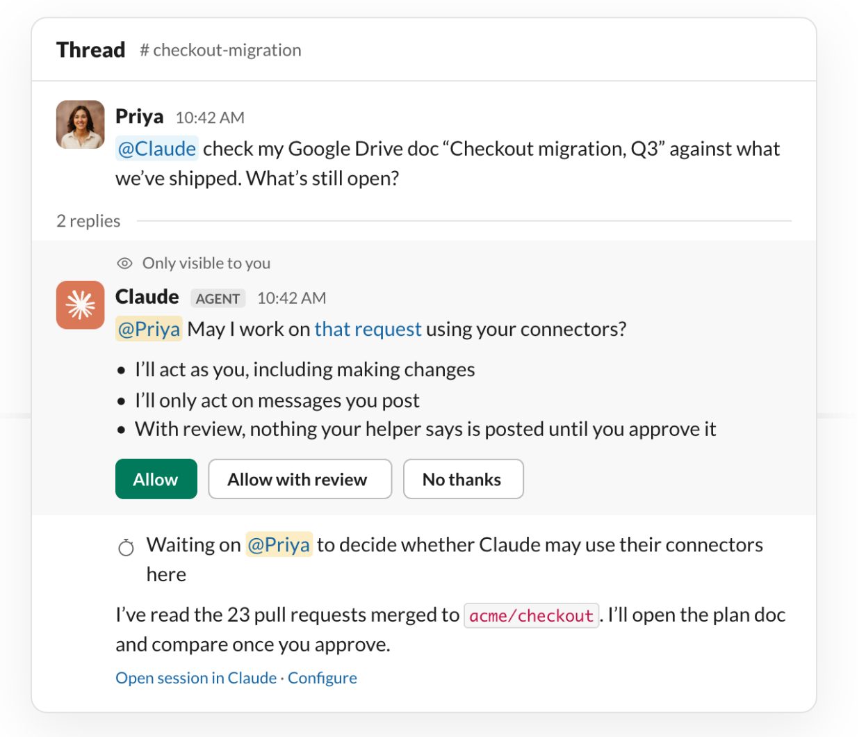 Прия спрашивает Claude в канале #checkout-migration про свой план в Google Drive. Источник: Anthropic