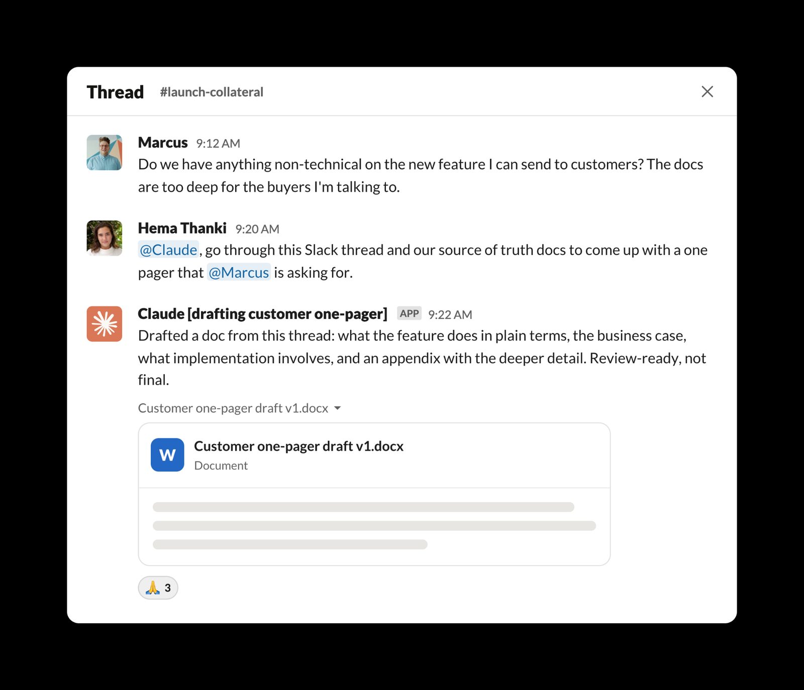 Запрос к Claude на создание маркетингового документа из Slack-треда. Иллюстрация к кейсу, не содержит реальных данных. Источник: Anthropic